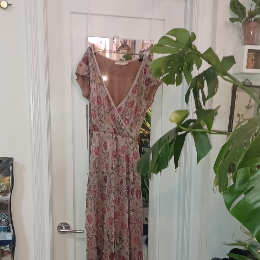 CECILIA PRADO Metallic Pink Floral V-Neck Knit Maxi Dress